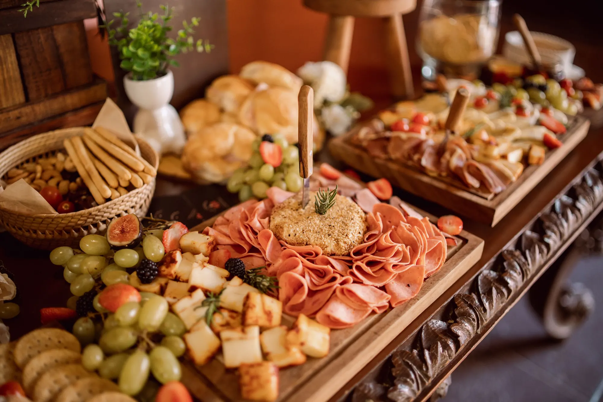 A grazing table of cheese, meats and fruit