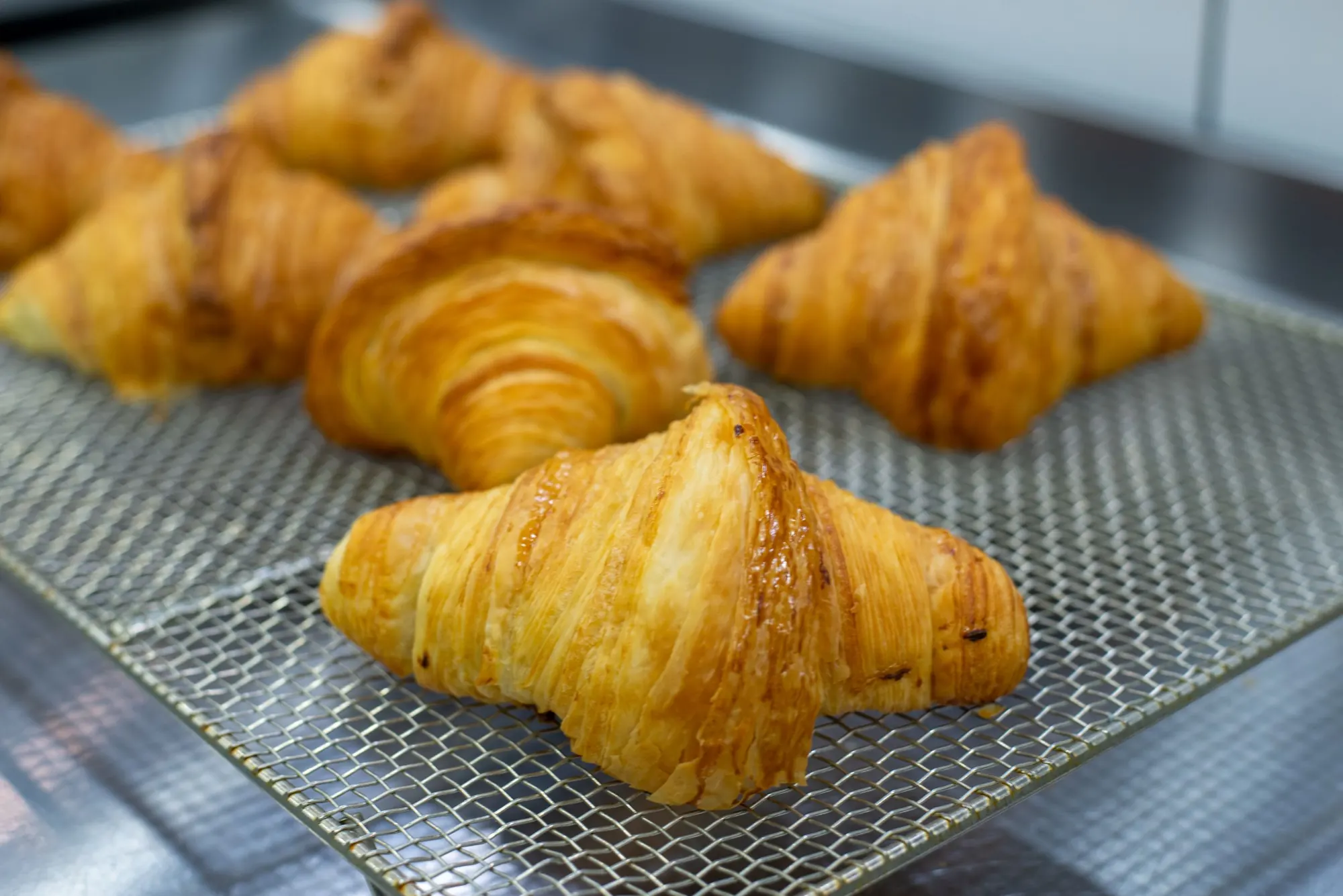 Croissants cooling on a wire rack